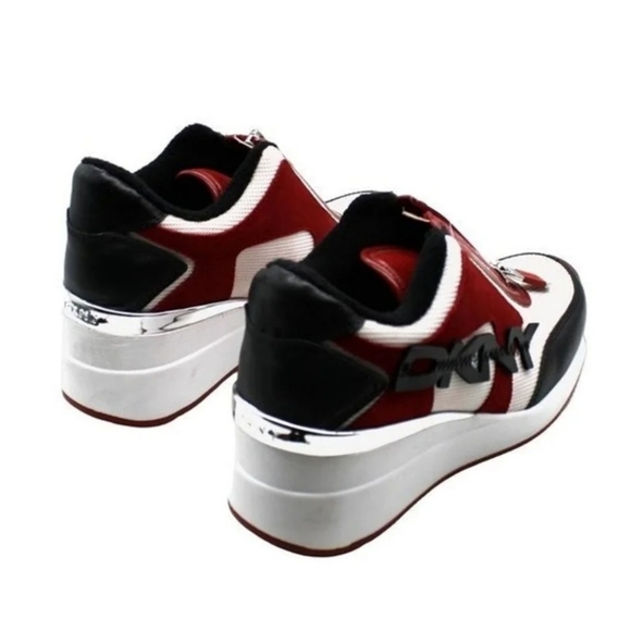 DKNY PARLAN ZIP UP RED/WHITE/BLACK WEDGE SNEAKERS - 7M. - Picture 4 of 7
